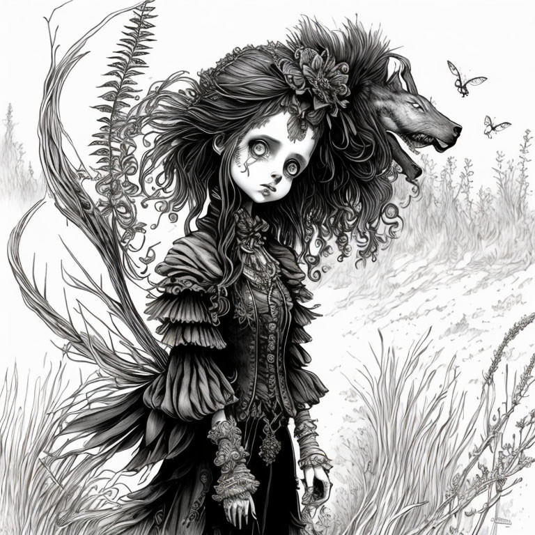 Gothic-style illustration of girl with large eyes, wolf, butterflies & detailed landscape