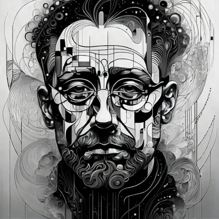 Detailed monochromatic digital art of a stylized male face with abstract geometric elements.