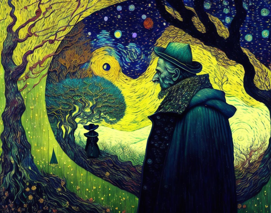 Colorful Illustration of Bearded Man in Hat with Nocturnal Sky and Vibrant Tree