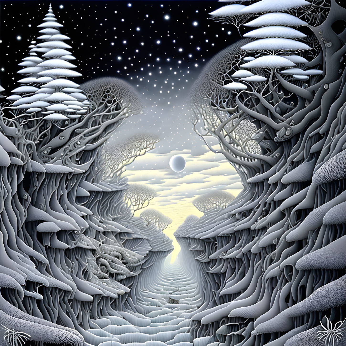 Monochromatic surreal landscape with snow-covered trees and starlit river