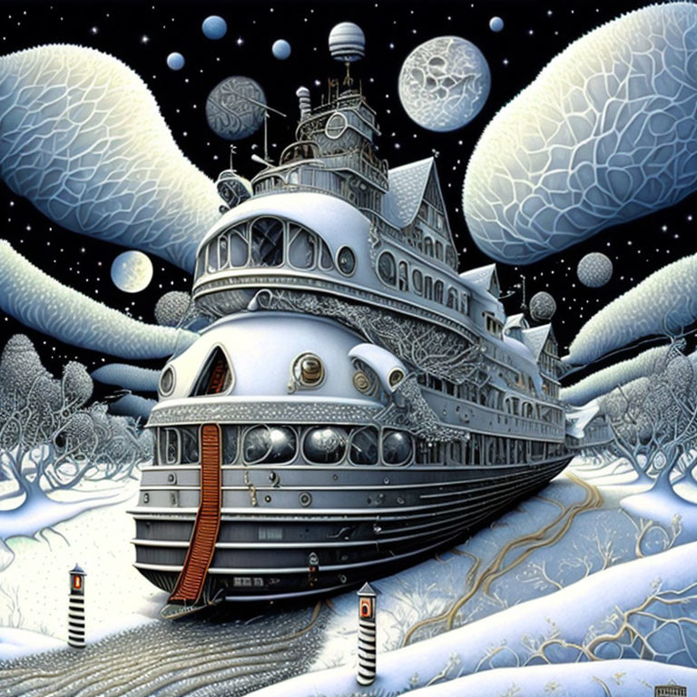 Fantastical snow-covered landscape with surreal ship-like structure.