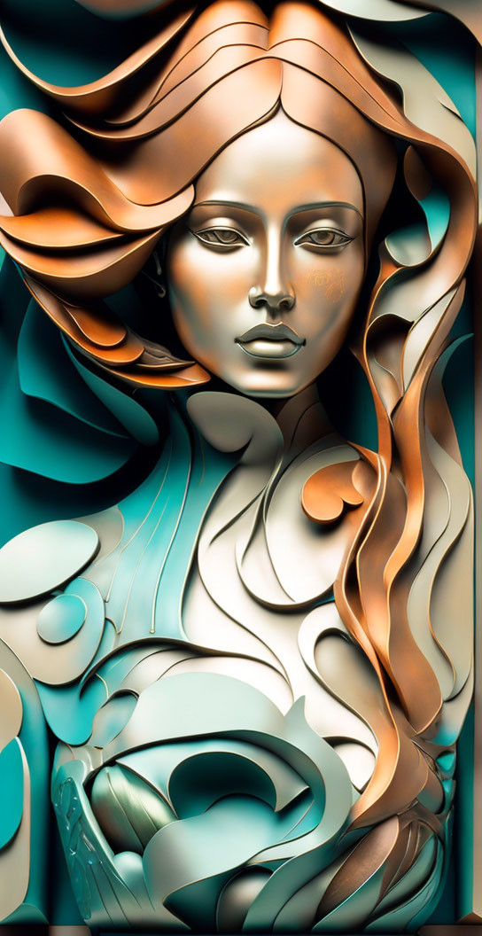 Bronze and Turquoise Metallic 3D Woman Illustration with Flowing Hair