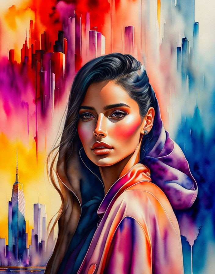 Vibrant woman illustration against abstract cityscape in red and blue