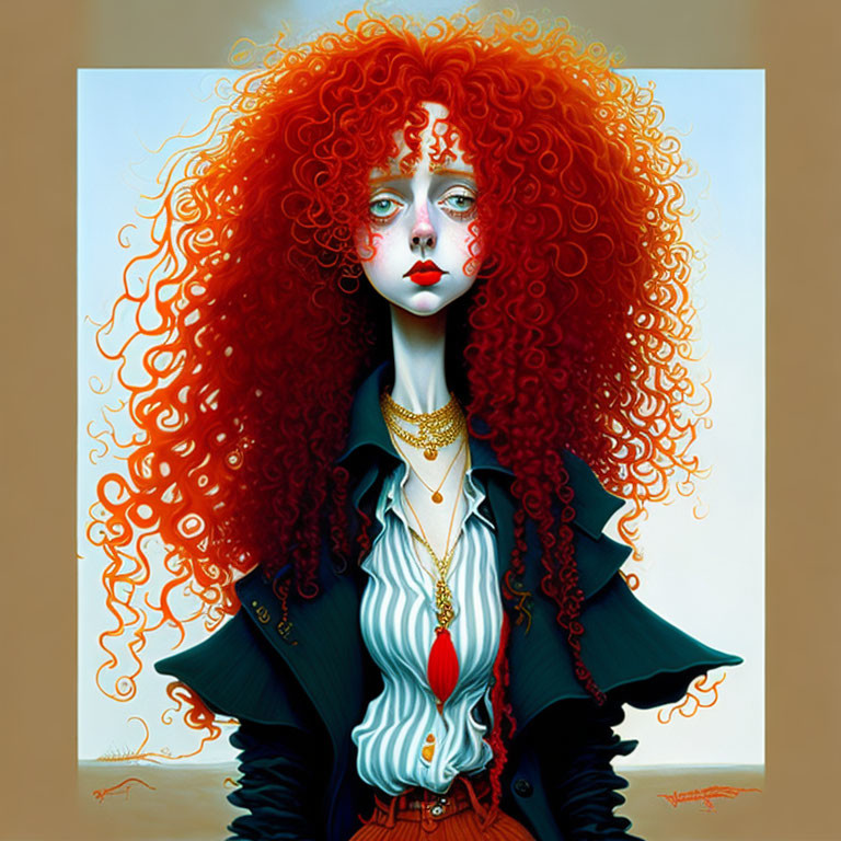 Illustration of woman with red curly hair, navy blazer, red blouse, and gold jewelry