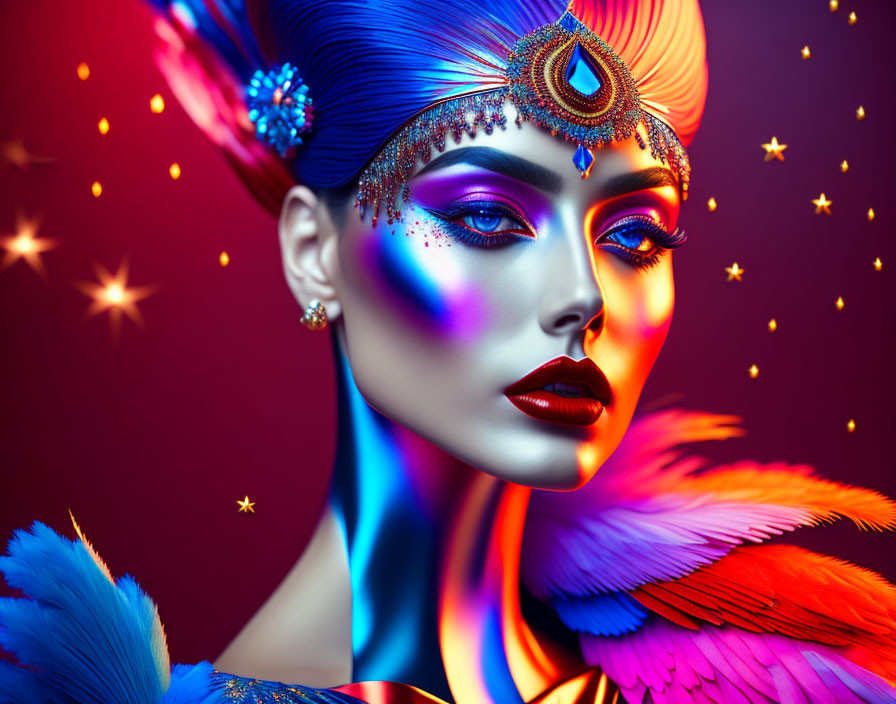 Colorful portrait of person with blue skin and dramatic makeup adorned with feathers and jewel headpiece on red