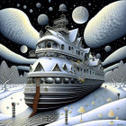 Fantastical snow-covered landscape with surreal ship-like structure.