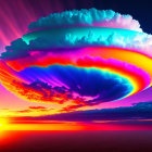 Colorful Digital Art: Neon Cloud Over Sunset Sea