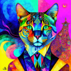 Colorful Abstract Portrait of Cat with Human-Like Features and Geometric Patterns