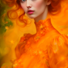 Digital artwork featuring woman with orange flowers in hair and dress against floral background