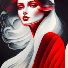 Stylized portrait of woman with black and white hair and red highlights