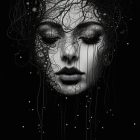 Monochromatic digital artwork of woman's face with lace-like patterns on dark background