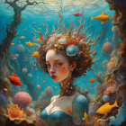 Mermaid with Intricate Marine Life Hair in Vibrant Underwater Scene