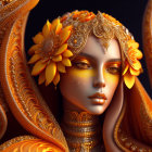 Close-up of 3D-animated female character with golden head jewelry, braid, and flower