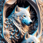 Detailed 3D artwork of two wolves in abstract swirls and spheres