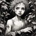 Monochromatic portrait of young girl with curly hair and floral patterns