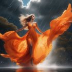 Elegant woman in flowing orange dress under rainstorm