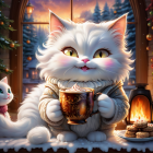 White Cat with Hot Chocolate, Marshmallows, and Cookies by Frosty Window