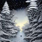 Monochromatic surreal landscape with snow-covered trees and starlit river