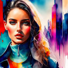 Colorful digital portrait of a woman against cityscape backdrop