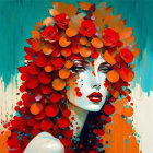 Woman with Red Floral Hair in Teal Background