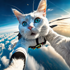 Exaggerated features cat skydiving with plane in whimsical scene