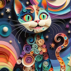 Vibrant Psychedelic Cat Art with Swirls and Stars