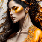 Digital Artwork: Woman with Flowing Hair and Autumnal Orange Flowers