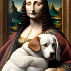 Surreal Mona Lisa with fluffy dog in fantastical landscape