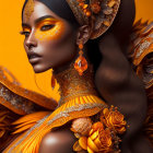 Ornate Golden Attire Woman on Orange Background