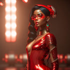 Digital artwork: Woman in red sunglasses and attire, sleek hair, urban backdrop with red neon lights.