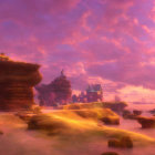 Snow-capped turrets and floating islands in a purple sunset fantasy landscape