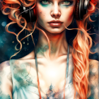 Colorful digital artwork: Woman with orange hair, blue eyes, headphones, and floral tattoos