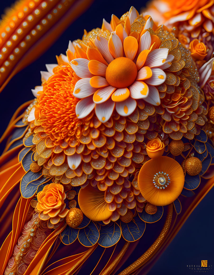 Detailed orange flower patterns on blue background