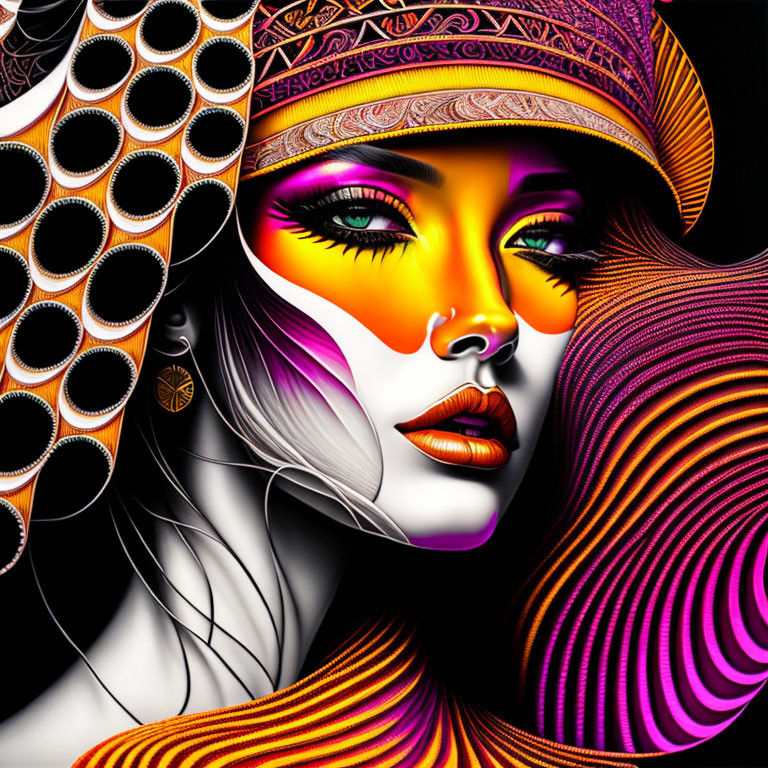 Colorful digital art portrait of a woman with orange and purple makeup on black background