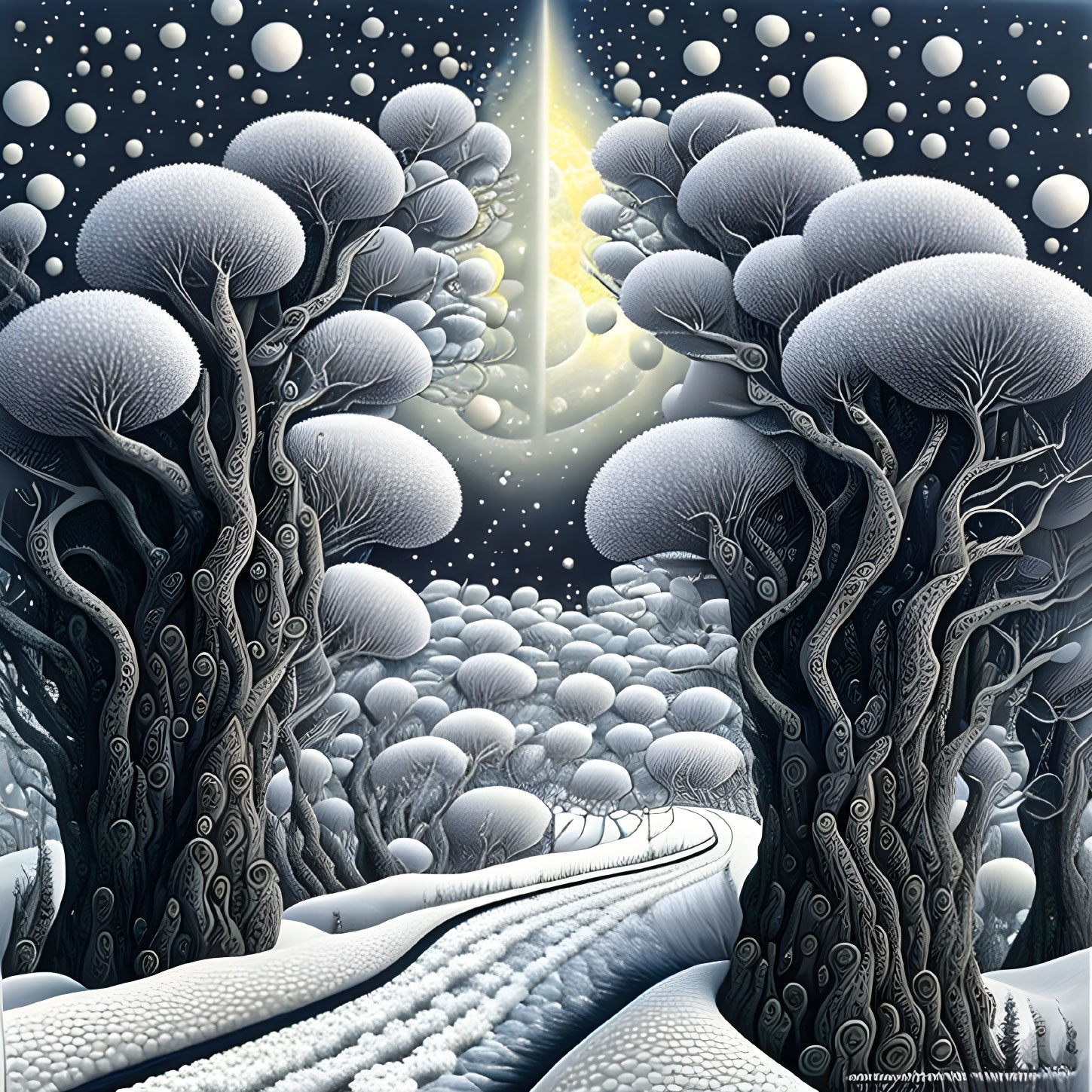 Surreal Winter Landscape with Stylized Trees and Starry Sky