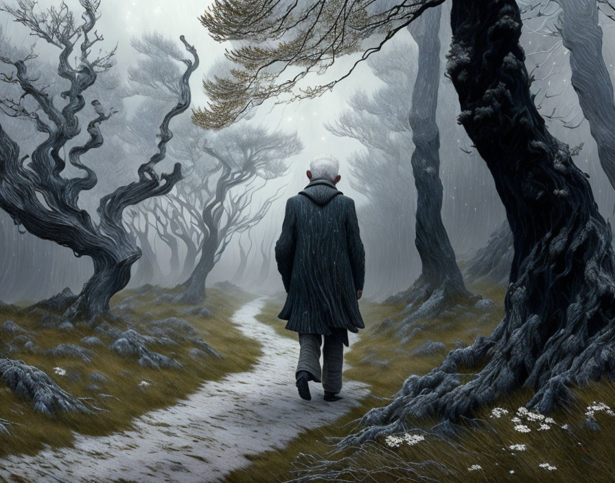 Elderly Person Walking in Snowy Forest with Gnarled Trees