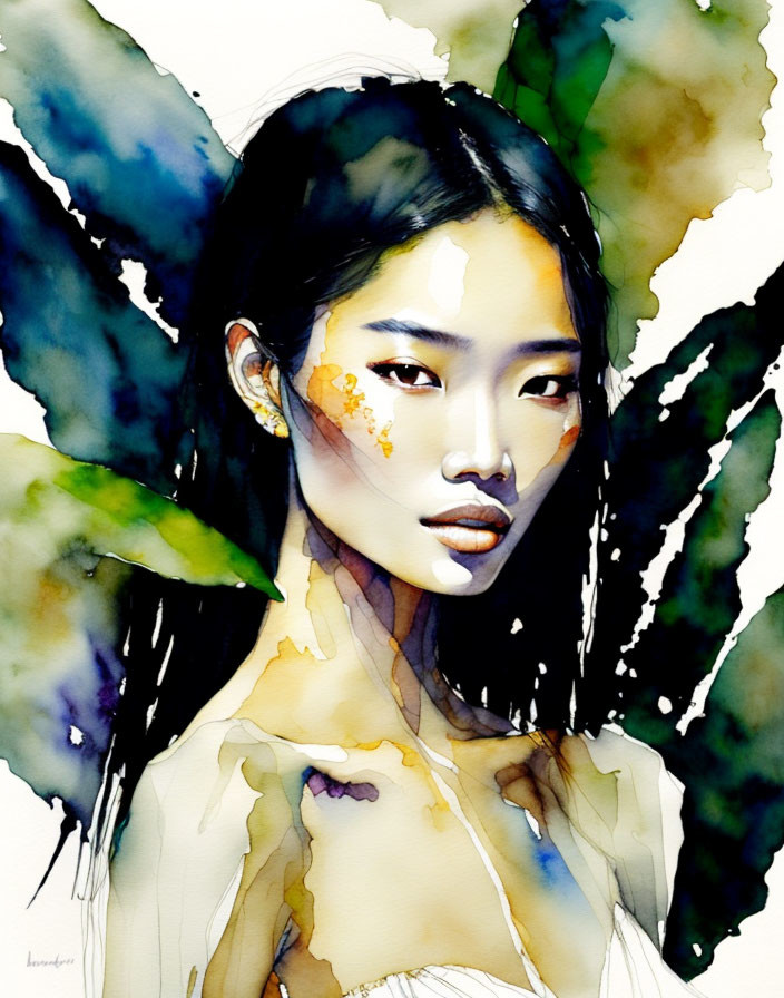 Ethereal watercolor portrait of a woman with natural elements