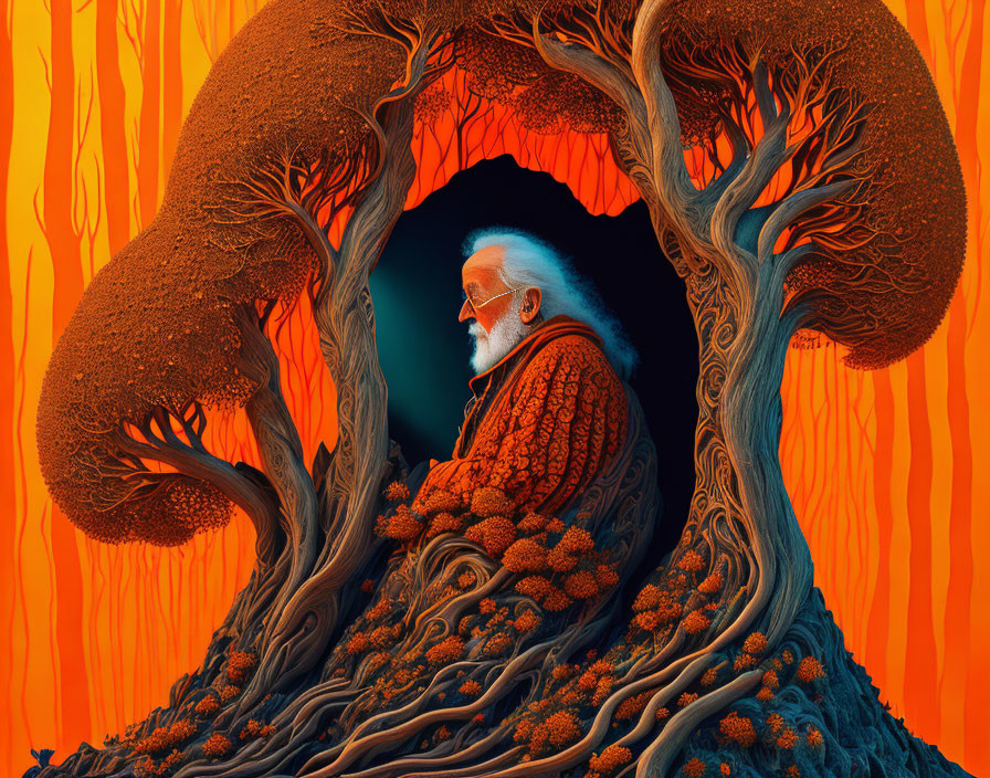 Elderly bearded man in fantastical tree roots under orange sky