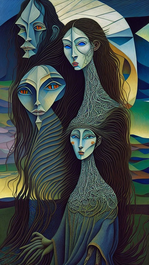 Abstract painting featuring four stylized female figures against colorful geometric backdrop