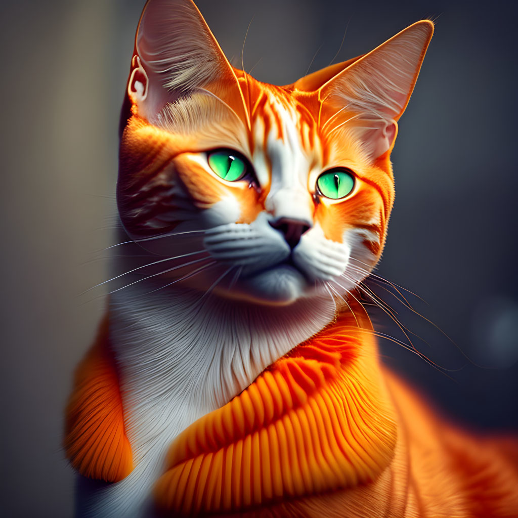 Vibrant digital artwork: Orange cat with green eyes and intricate fur patterns