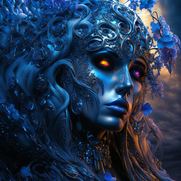 Fantasy portrait of woman with blue skin and ornate silver headpiece