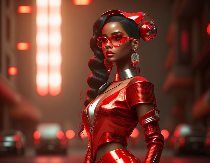 Digital artwork: Woman in red sunglasses and attire, sleek hair, urban backdrop with red neon lights.