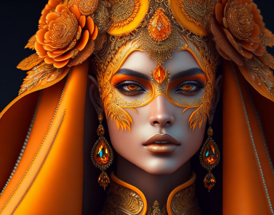 Elaborate Gold and Orange Headwear on Woman