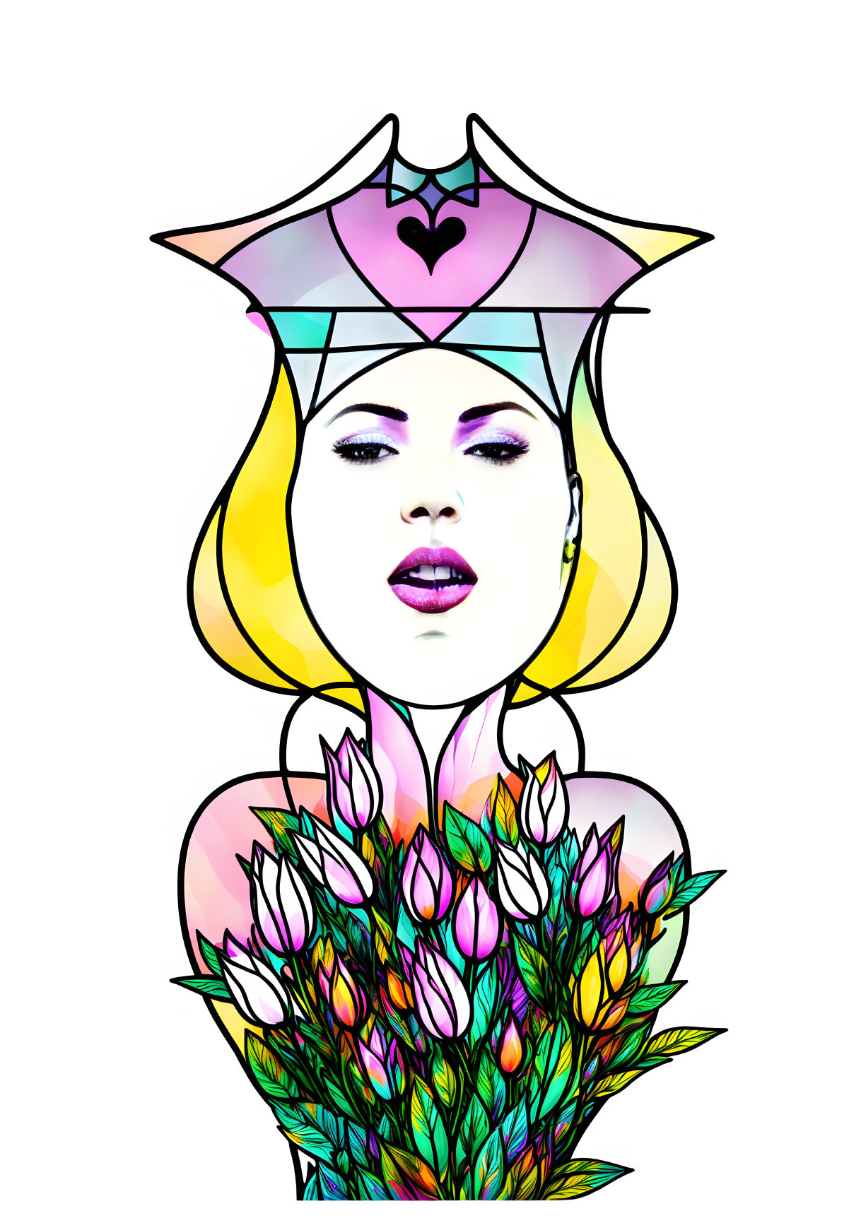 Stylized woman with yellow hair and geometric crown holding flowers