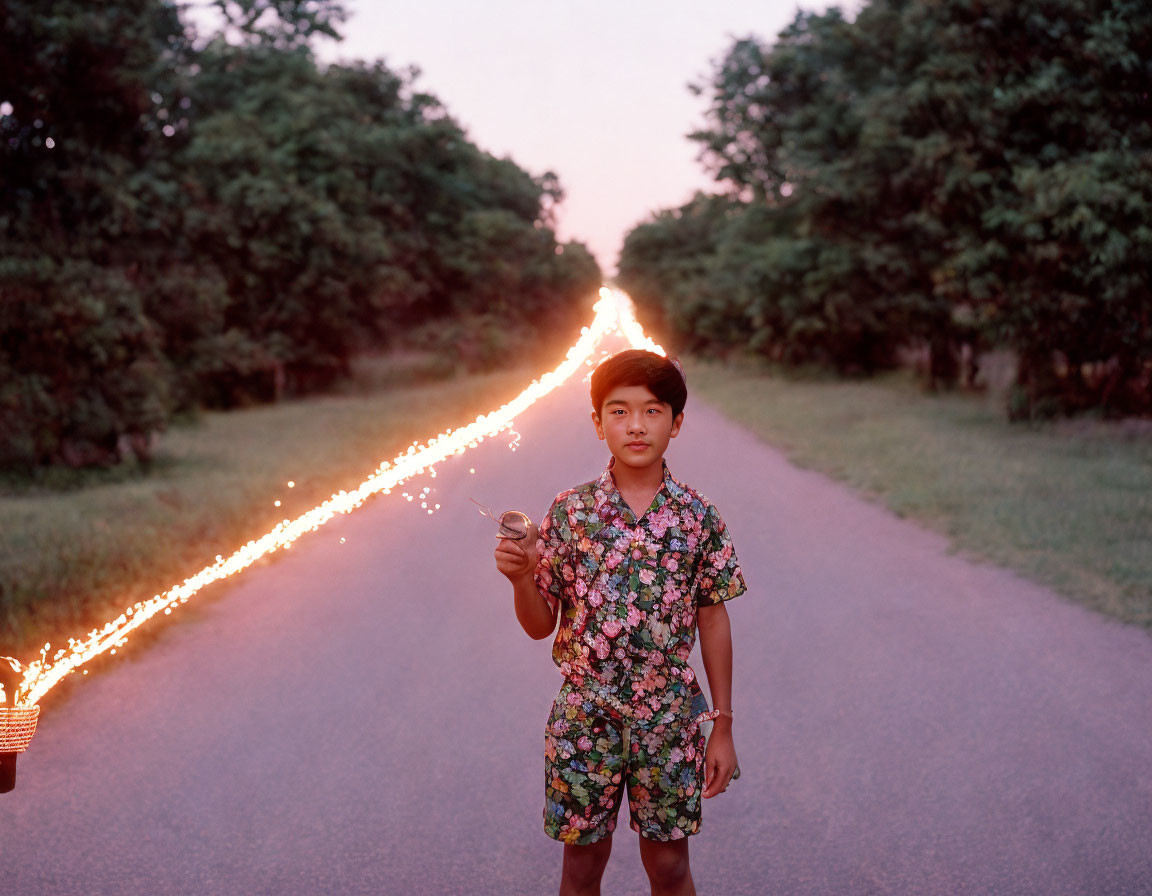 Boy in floral clothing with lit sparkler on road at dusk