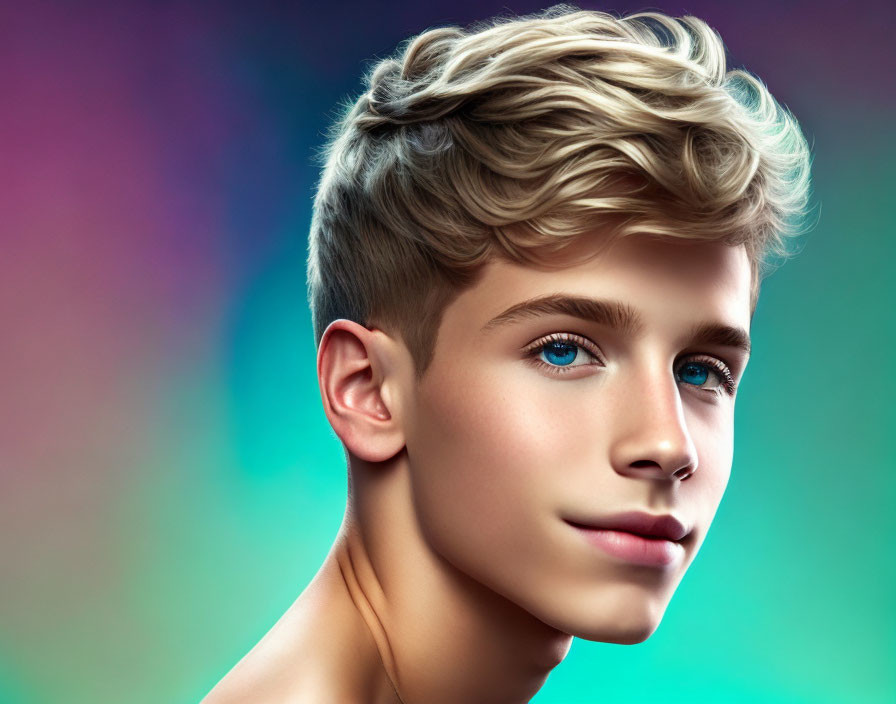 Stylized blond hair and blue eyes on colorful backdrop