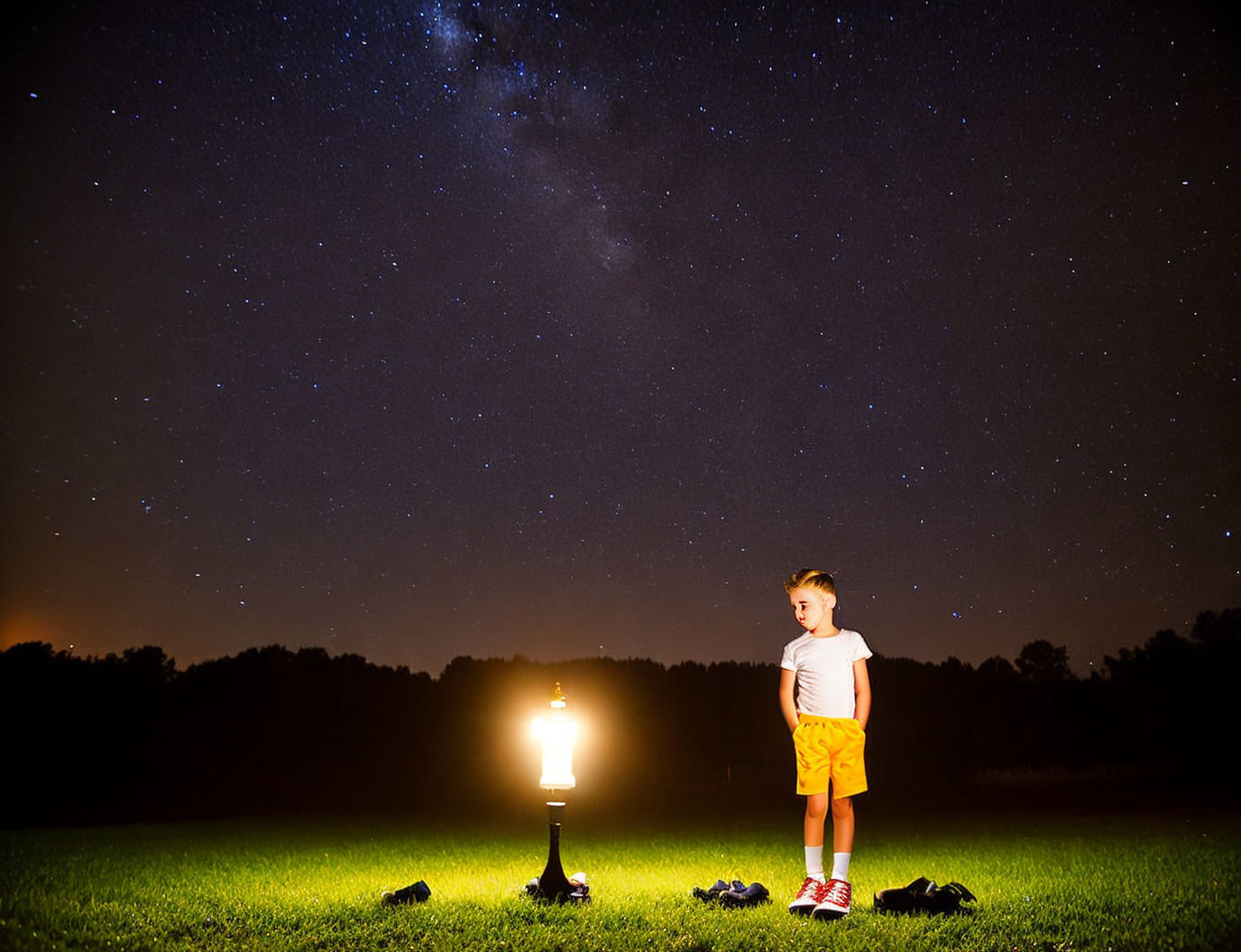 Child standing by lamp in field at night under starry sky with scattered shoes