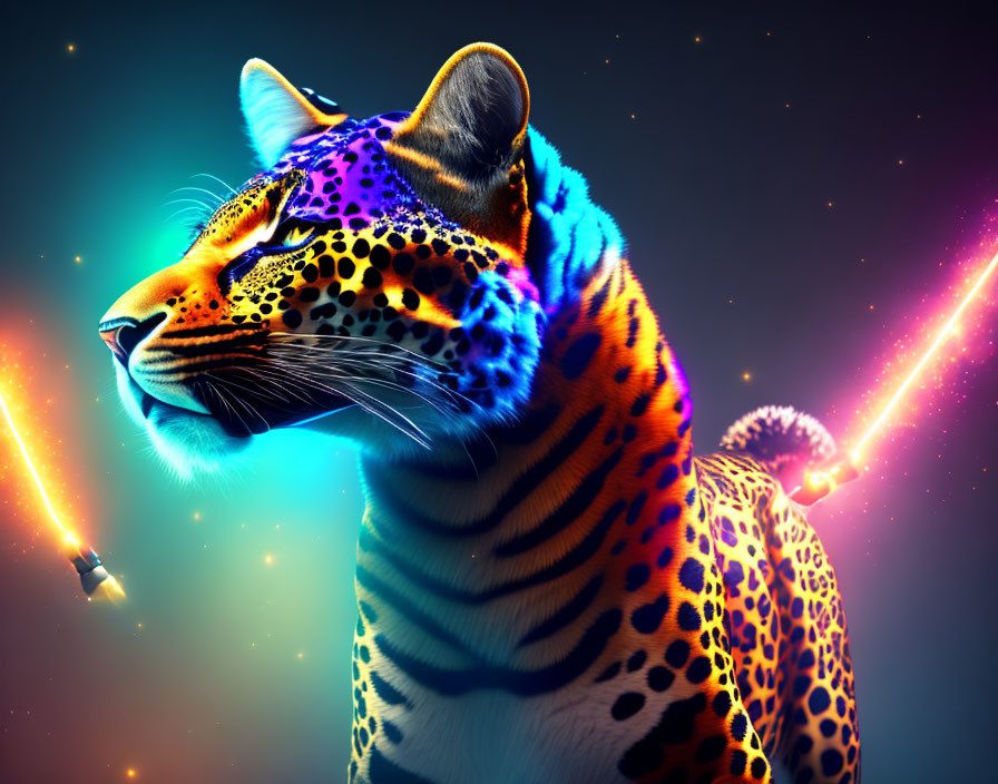 Colorful jaguar digital art in cosmic setting