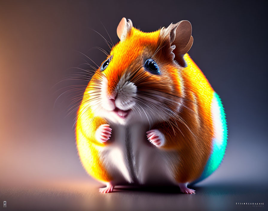 Plump orange and white hamster digital illustration on dark backdrop