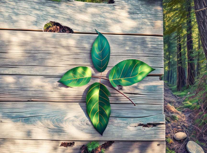 Three vibrant green leaves on weathered wooden planks in forest setting